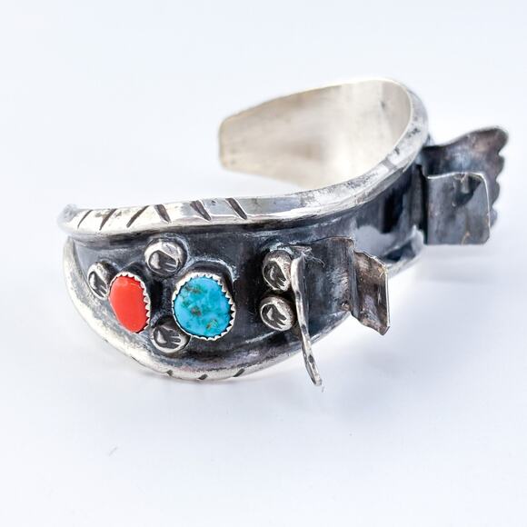 Vintage Milton Lasiloo Native Zuni Sterling Silver Turquoise Coral Watch Cuff 6" - Picture 3 of 12